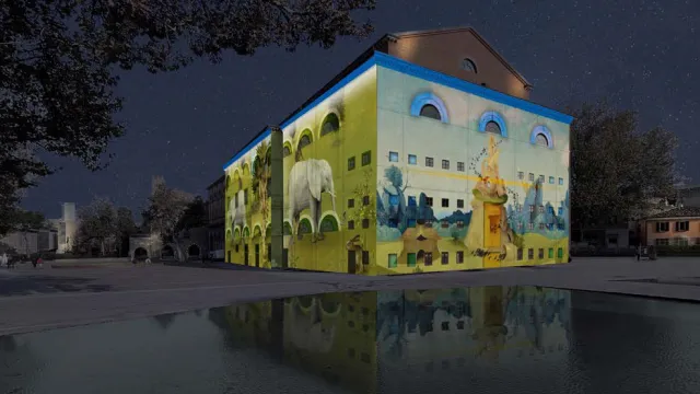Rendering dello spettacolo di videomapping (Palazzo del Fulgor - Fellini Museum)
